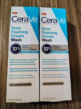 CeraVe Acne Foaming Cream Wash 10% Benzoyl Peroxide NEW X2